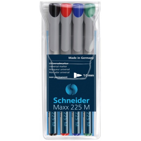 Universal non-permanent marker SCHNEIDER Maxx 225 M, varf 1mm, 4 culori/set