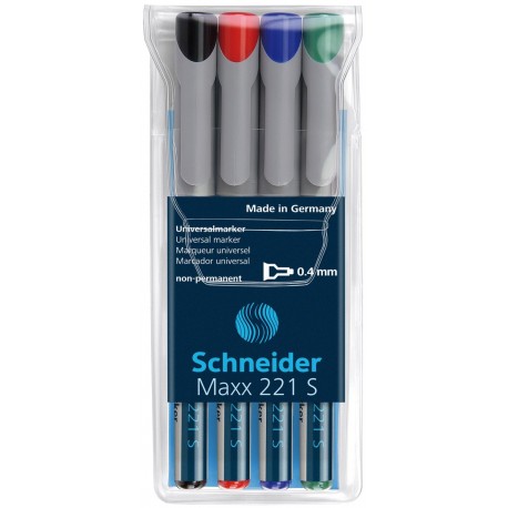 Universal non-permanent marker SCHNEIDER Maxx 221 S, varf 0.4mm, 4 culori/set