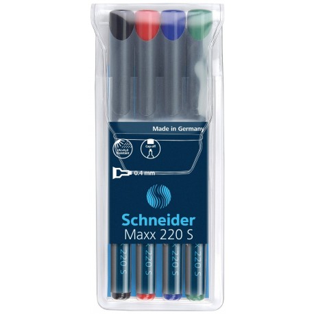 Universal permanent marker SCHNEIDER Maxx 220 S, varf 0.4mm, 4 culori/set