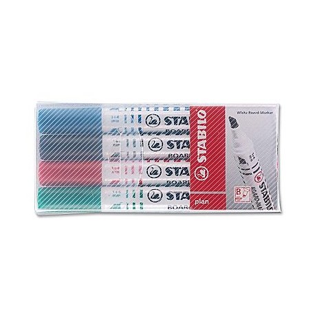 Marker pentru tabla Stabilo Plan, varf rotund 2.5 - 3.5 mm, 4 culori/set