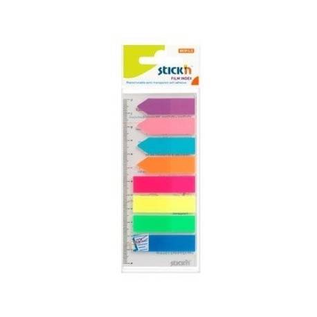 Stick index plastic transp. color 45 x 12 mm, 8 x 25 file/set index sageata, Stick"n-8 culori neon