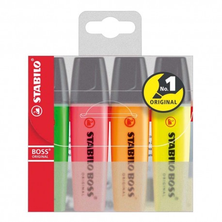 Textmarker Stabilo Boss, varf retezat 2 - 5 mm, 4 bucati/set