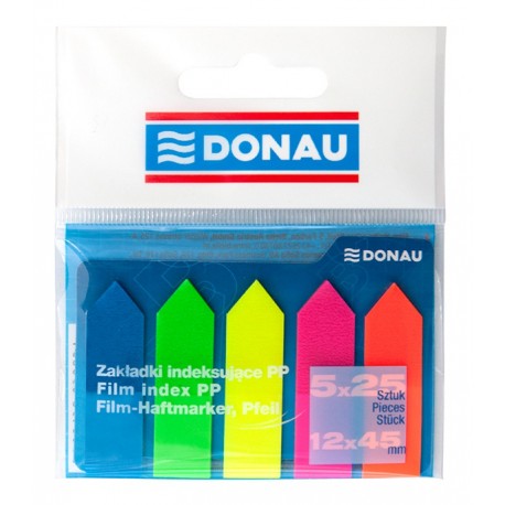 Index autoadeziv din plastic, Donau, 42x12mm, 5 culori neon, 25 file culoare, sageata