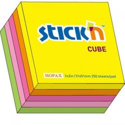 Cub notes autoadeziv 51 x 51 mm, 250 file, Stick"n - 5 culori neon