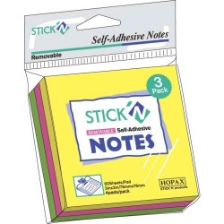 Notes autoadeziv 76 x 76 mm, 3 x 50 file/set, Stick"n - 3 culori fosforescente