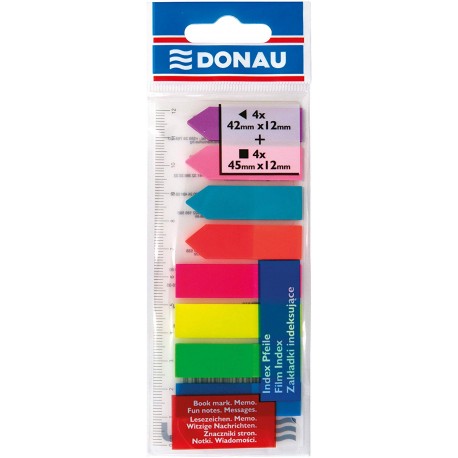 Index autoadeziv din plastic, Donau, 12x45mm, 8 culori, 25 file/culoare, atasate de rigla 12cm