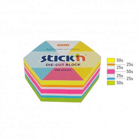 Notes autoadeziv Die-Cut - hexagon, 61 x 70 mm, 250 file, Stick"n - 5 culori fluorescente