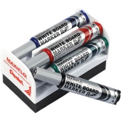 Set Maxiflo pentru tabla, format din 4 markere (negru, rosu, albastru, verde) si burete magnetic