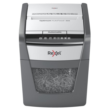 Distrugator documente automat REXEL Optimum 50X, P4, cross-cut (confeti), 50 coli, cos 20l, negru