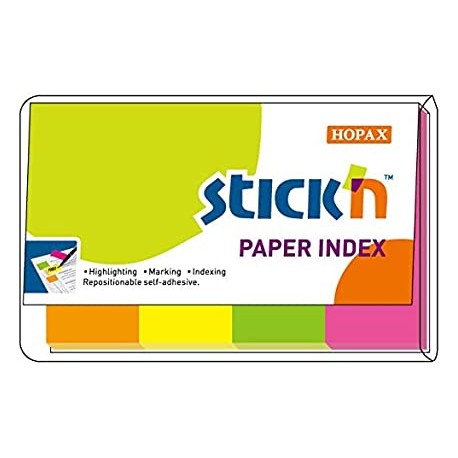 Stick index hartie color 50 x 20 mm, 4 x 50 file/set, Stick"n - 4 culori neon