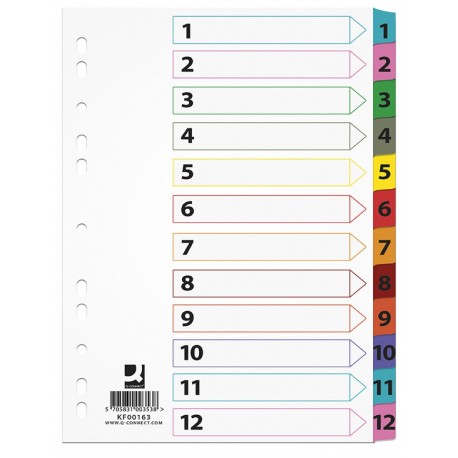 Index carton alb Mylar numeric 1-12, margine PP color, A4, 170g/mp, Q-Connect