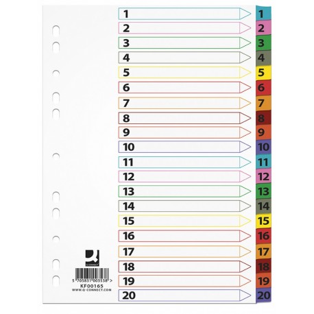 Index carton alb Mylar numeric 1-20, margine PP color, A4, 170g/mp, Q-Connect