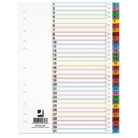 Index carton alb Mylar numeric 1-31, margine PP color, A4, 170g/mp, Q-Connect
