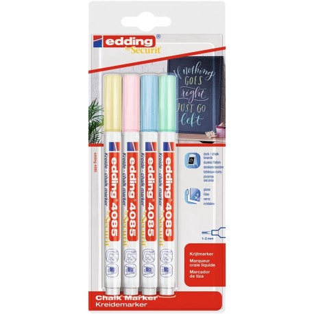 Marker Edding 4085, cu creta lichida, varf rotund 1-2 mm, alb, 4 culori pastel/blister