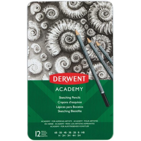 Creioane Grafit 6B-5H DERWENT Academy, cutie metalica, 12 buc/set, negru