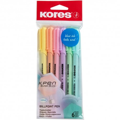 Set 6 pixuri fara mecanism Kores, varf 1 mm, corp pastel, scriere albastra