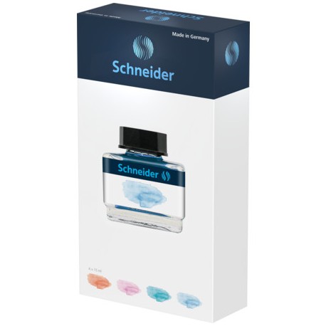 Set cerneala pastel SCHNEIDER, cutie cadou, 4 x 15ml apricot, lilac, bermuda blue, ice blue + 1 convector