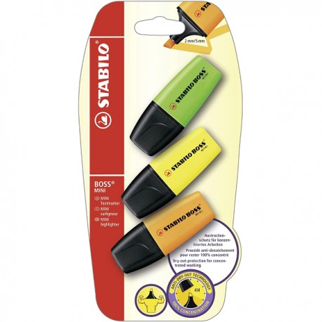 Textmarker Stabilo Boss mini, varf tesit 2-5 mm, 3 culori/blister