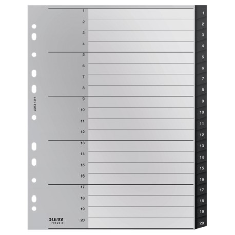 Index LEITZ Recycle, PP cu amprenta CO2 neutra, partial reciclat, reciclabil, A4 MAXI, 1-20, negru