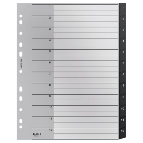 Index LEITZ Recycle, PP cu amprenta CO2 neutra, partial reciclat, reciclabil, A4 MAXI, 1-12, negru