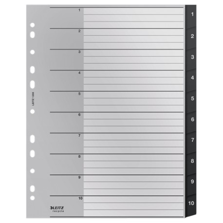 Index LEITZ Recycle, PP cu amprenta CO2 neutra, partial reciclat, reciclabil, A4 MAXI, 1-10, negru