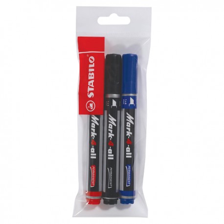 Marker permermanent Stabilo Mark-4-all, varf tesit, 1-4 mm, 3 culori/blister