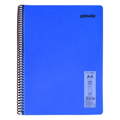 Caiet cu spira Mynote, format A4, 60 file offset 60 g/mp, liniatura dictando, coperta PP neon diverse culori