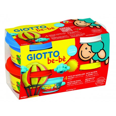 Plastilina standard, 4 culori(alb, albastru, rosu, galben) x 100 grame/borcan, GIOTTO be-be