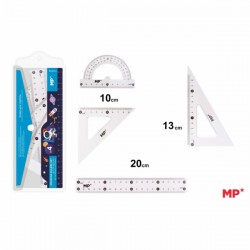 Set geometrie Main Paper, 4 piese, transparent, raportor, 2 echere, rigla 20 cm, blister albastru