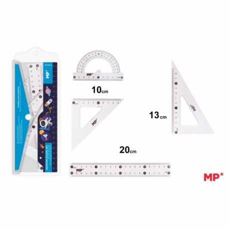 Set geometrie Main Paper, 4 piese, transparent, raportor, 2 echere, rigla 20 cm, blister albastru Set geometrie Main Paper, 4 piese, transparent, raportor, 2 echere, rigla 20 cm, blister albastru