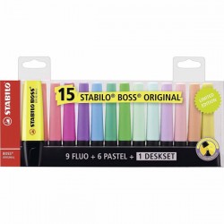 Textmarker Stabilo Boss Original, 15 culori/set, 9 culori fluorescente, 6 culori pastelate, cu suport de birou