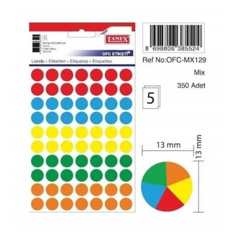 Etichete autoadezive color mix, D13 mm, 350 buc/set, TANEX - culori fluorescente asortate