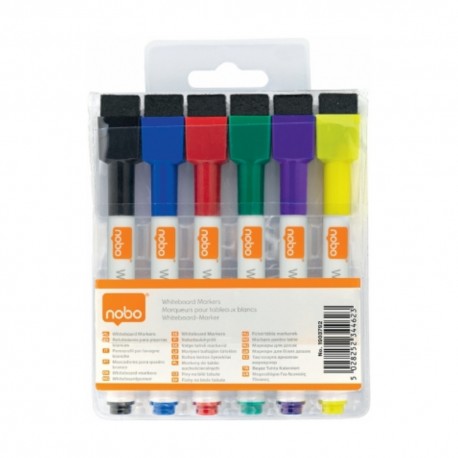 Marker NOBO, pentru table si flipcharturi, varf rotund 2 mm, cu burete, 6 buc/cutie, diverse culori