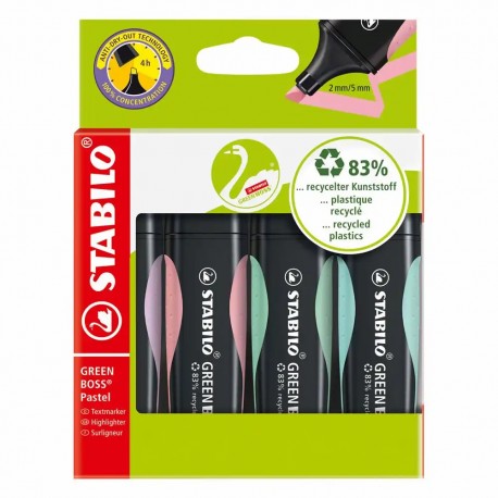 Textmarker Stabilo Boss Green Pastel, 4 culori/set, etui carton