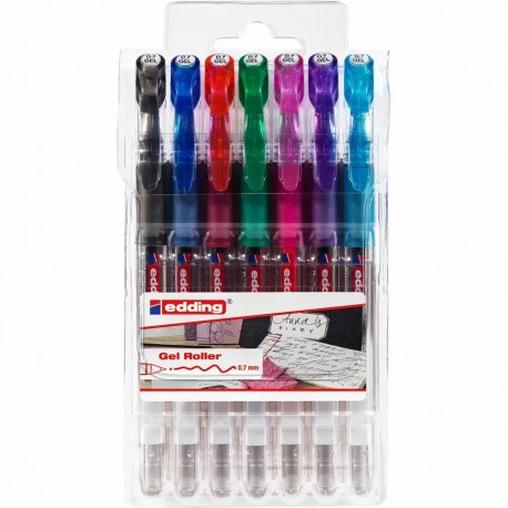 Roller gel edding 2185, corp din plastic, varf 0.7 mm, set 7 culori: negru, rosu, albastru, verde, violet, roz, albastru deschis