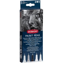 Liner Derwent Professional, 0.5 mm, pentru suprafete multiple, 5 buc/set, culori mate, alb-negru