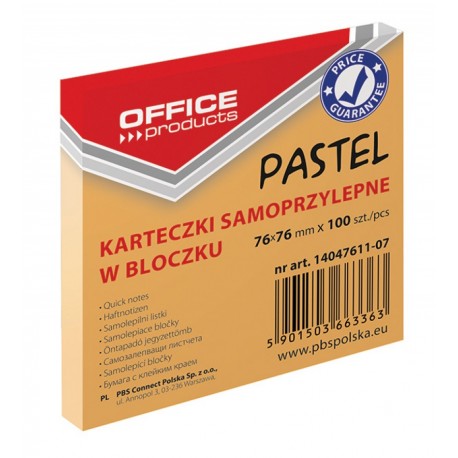 Notes autoadeziv 76 x 76 mm, 100buc/set, Office Products - orange pastel
