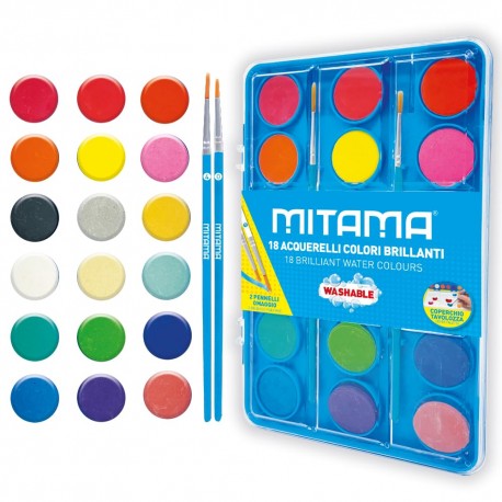 Acuarele Mitama, 18 culori, diametru 2.9 cm, 2 pensule