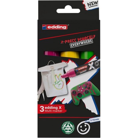 Set markere Edding 6900 X Multi, 3 bucati, vopsea acrilica, varf tesit 2-10 mm, culori rosu, galben, verde