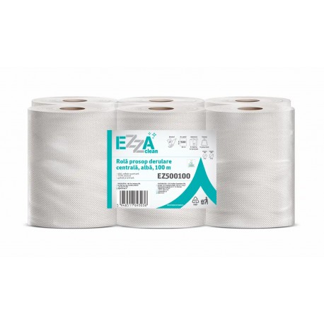 Rola prosop derulare centrala EZZA Clean, alba, 2 straturi, 500 portii, 100 m, 6 role/bax