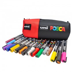 Penar echipat UNI Posca, negru cu rosu, 16 markere (6x5M, 6x3M, 4x1MR)