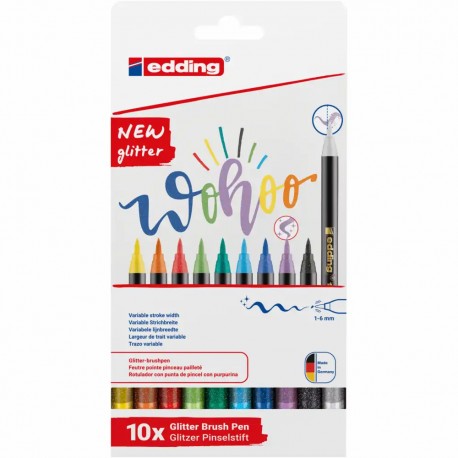 Set markere brush pen Edding 1340 Glitter, 10 culori glitter, varf flexibil, cerneala pe baza de apa