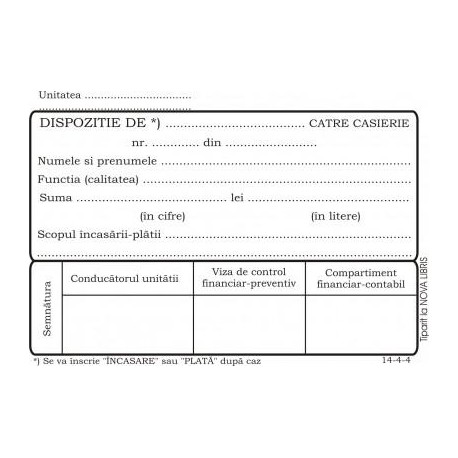 Formular dispozitie de plata catre casierie, A6, fata/verso, 3 carnete a 100 file/set