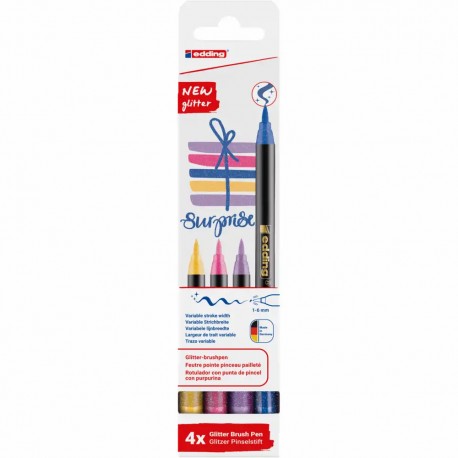 Marker Edding 1340 Glitter, set 4 culori glitter, varf tip pensula 1-6 mm