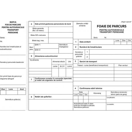 Formular foaie de parcurs autovehicule persoane, A4, fata/verso, 3 carnete a 100 file/set