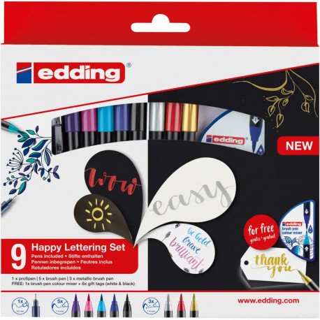 Set felicitari Edding Colour Happy, 9+2 piese, culori vii si metalice, include taguri cadou si mixer pensule
