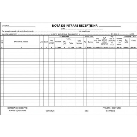 Formular nota de intrare-receptie, A4, fata, 3 carnete a 100 file/set