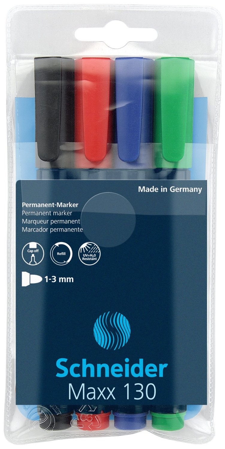 Permanent marker SCHNEIDER Maxx 130, varf rotund 1-3mm, 4 culori/set
