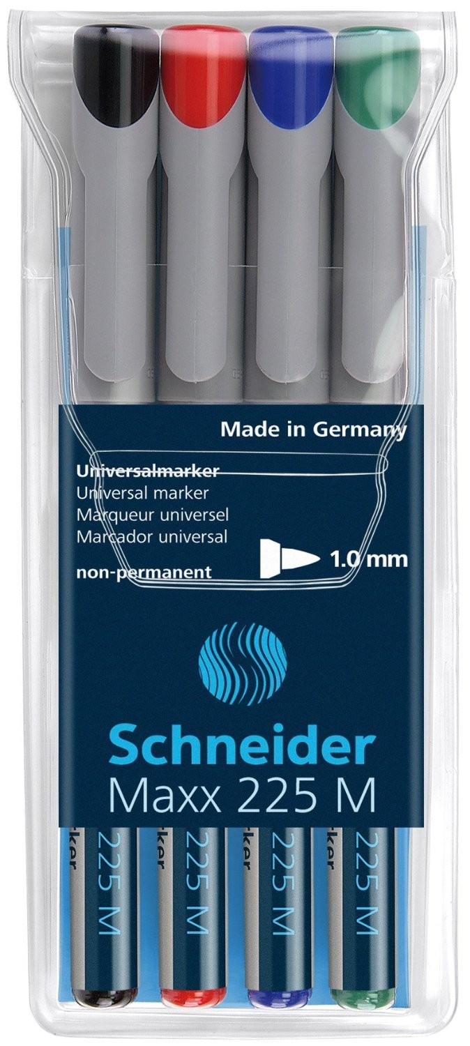 Universal non-permanent marker SCHNEIDER Maxx 225 M, varf 1mm, 4 culori/set