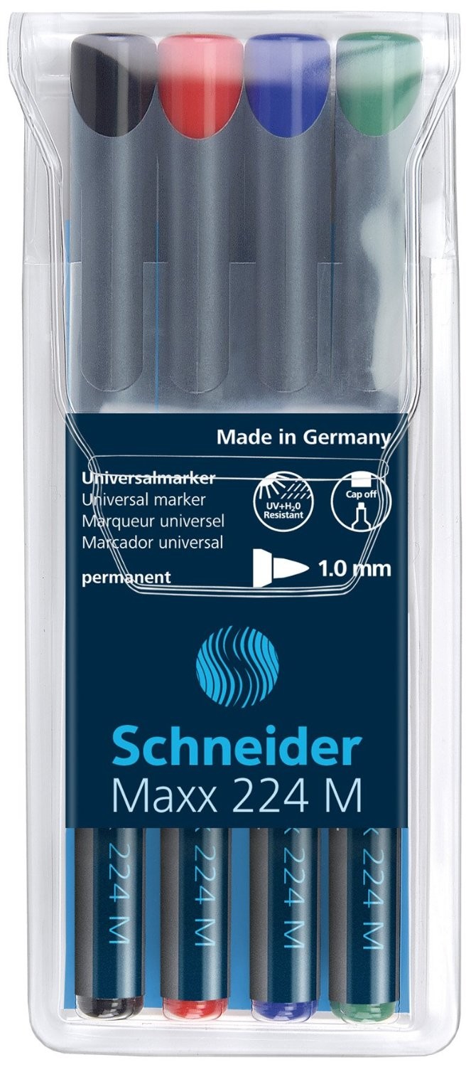 Universal permanent marker SCHNEIDER Maxx 224 M, varf 1mm, 4 culori/set